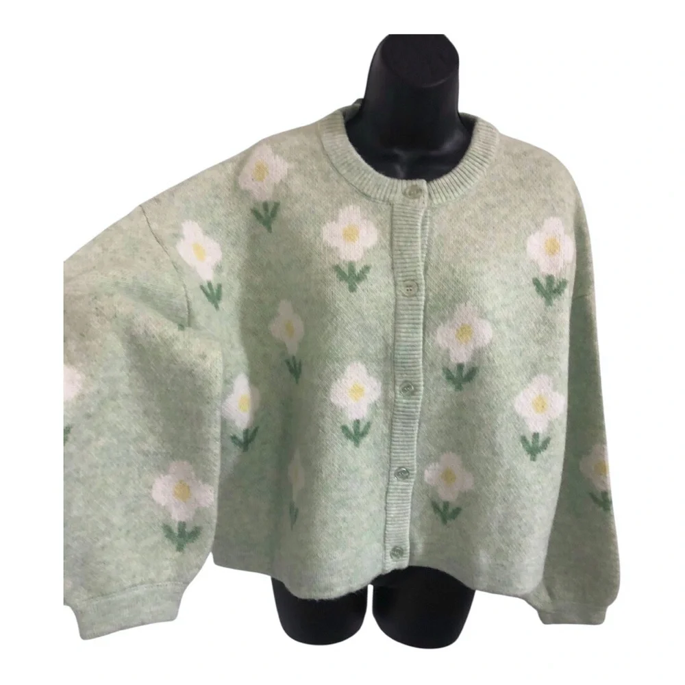 Jessica Simpson‎ mint green white yellow flower chunky cardigan size medium new